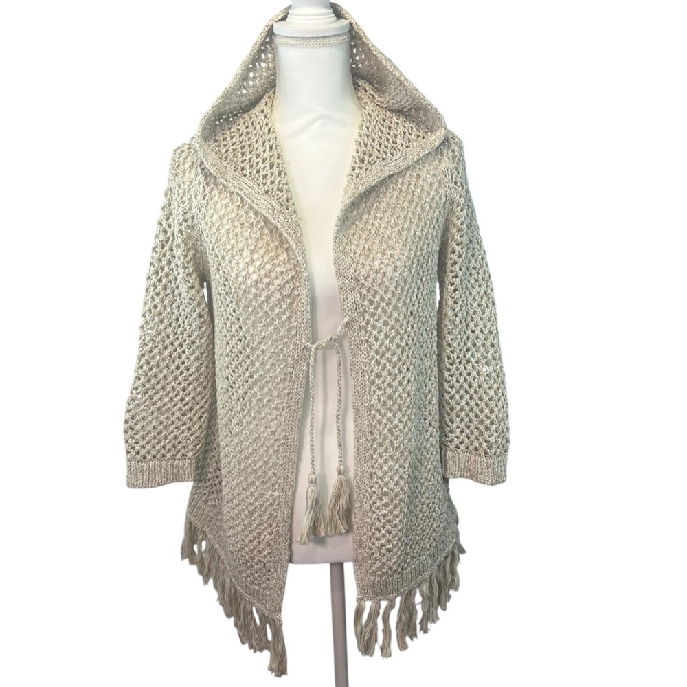 J Jill Women’s Open Knit Front Tie Oatmeal Hooded‎ Sweater with Tassels Size XSP